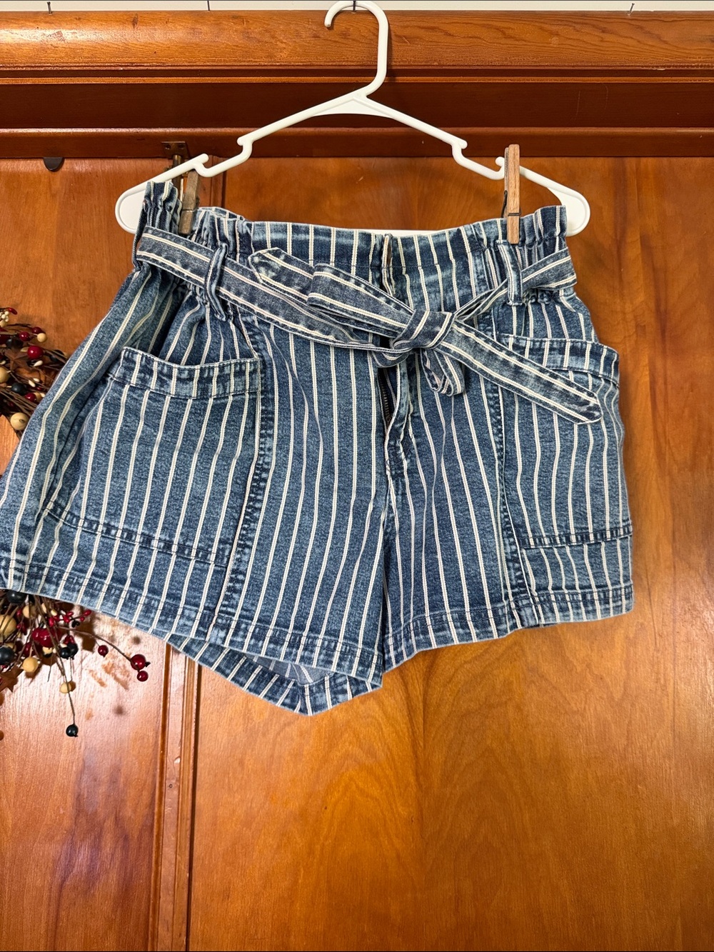 Maurices Blue and White Striped Paperbag Waist Jean Shorts with Tie